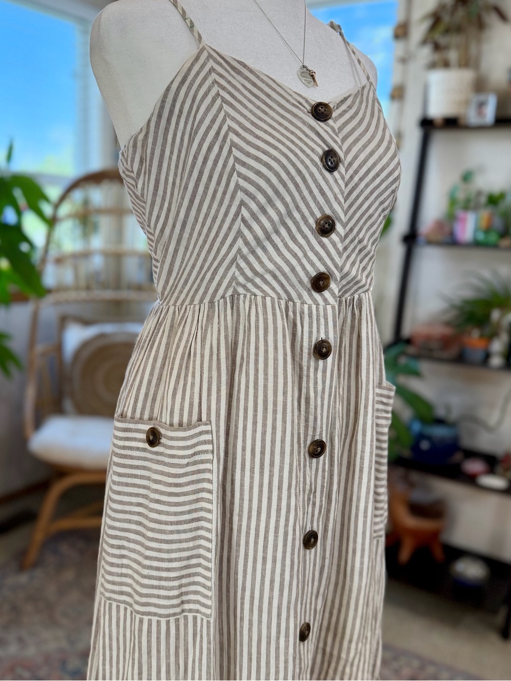 Sundress Midi Striped Linen Blend Dress Beige White Pockets Boho S Spring Summer - Picture 4 of 9